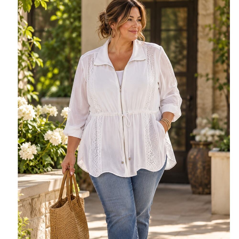 NWT CJ Banks White Eyelet Jacket 3X 24/26W Drawstring Plus Lightweight Layer